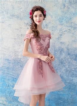 Picture of Pink Chic High Low Off Shoulder Party Dresses with Lace Applique, Pink Homecoming Dresses Prom Dresses